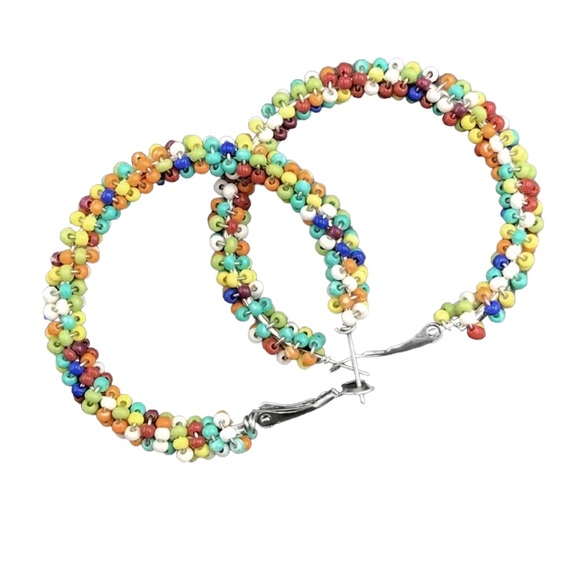 Boho Colorful Rice Beads Medium Hoop Earrings - Picture 2 of 8